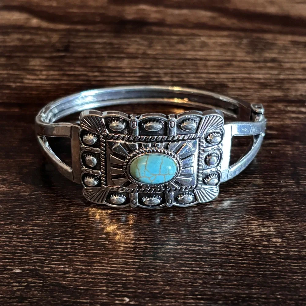 Western Faux Turquoise Silver Tone Hinged Cuff Bracelet Southwestern Boho 7.25in